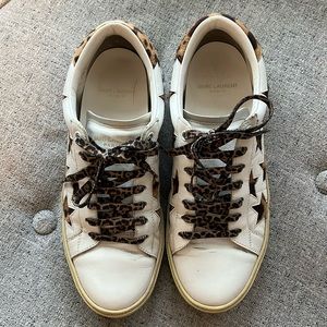 Saint Laurent White Leather Sneakers with Leopard Trim